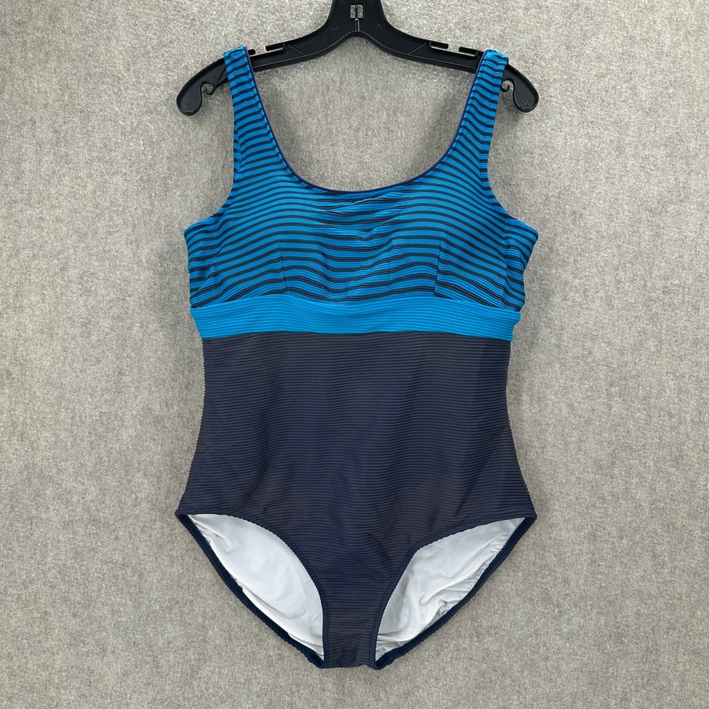 Lands' End One Piece Swimsuit Womens 12 Blue Striped Ribbed Underwire Support